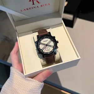 Unisex fashion quartz watch with textured dial and brown leather strap in gift box