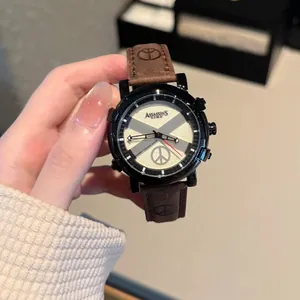 Assassin's Time unisex fashion quartz watch featuring a brown leather strap and peace sign