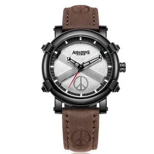 Fashionable Assassin's Time quartz watch featuring a brown leather strap and silver dial
