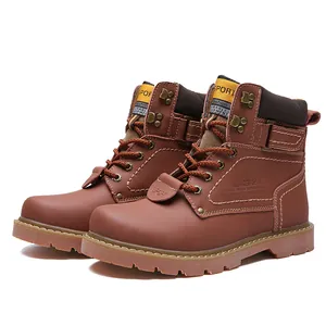 Side view of professional brown vintage leather boots for men with durable rubber sole.