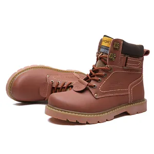 Detailed view of brown leather work boots featuring durable stitching and lace-up design.