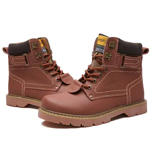 Detailed side view of brown leather work boots with rugged sole and SPORT logo