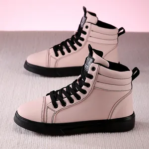 Stylish pink high-top fashion boots for outdoor leisure with black sole and laces