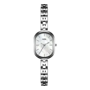 Elegante reloj de cuarzo ovalado para mujer con brazalete de eslabones de acero inoxidable