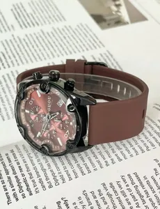 Professional side view of GUOU unisex quartz chronograph watch with brown silicone strap