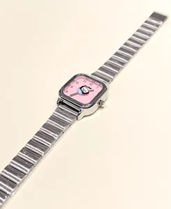 Reloj cuadrado de pingüino rosa con correa de acero inoxidable para estudiantes hoy