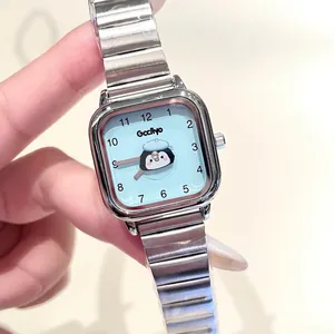 Reloj de Cuarzo Cuadrado para Mujer Lindo Pingüino Banda de Aleación de Plata Impermeabile Moda Estudiante Regalo Niñas