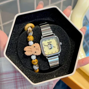 Reloj de cuarzo cuadrado de pingüino con correa de acero y juego de pulsera de cuentas