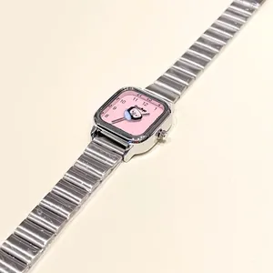 Elegante reloj de cuarzo cuadrado para mujer con esfera de pingüino rosa y correa de acero