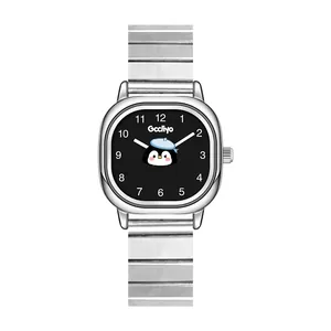 Reloj de cuarzo cuadrado para estudiantes con correa de acero y diseño de pingüino