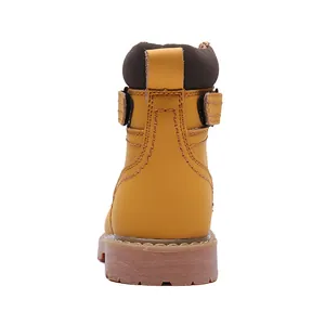 Rear view of classic mustard yellow leather boots with padded brown collar