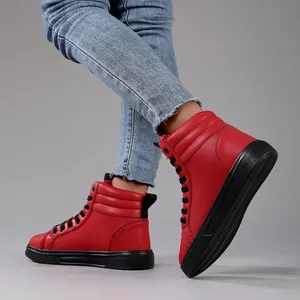 Stylish red high-top leather boots with black soles for men and women, fashion style
