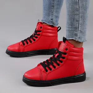 Side view of red high-top casual fashion boots for outdoor wear featuring black laces