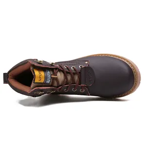 Overhead detail view of premium vintage brown leather men's retro casual work boots