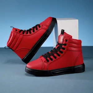 Vibrant red high-top fashion boots for men and women with black laces and soles
