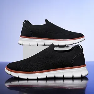 Men's breathable black knitted loafers lightweight casual walking sneakers with white soles