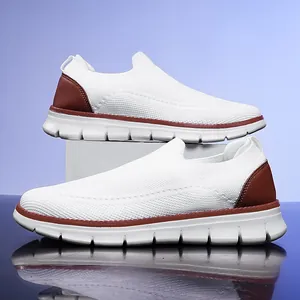 Men's lightweight white flyknit slip-on sneakers with brown heel detail and rubber sole