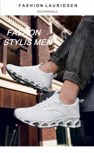 Detail van witte mesh blade hardloopschoenen voor heren met ademend飞织materiaal.