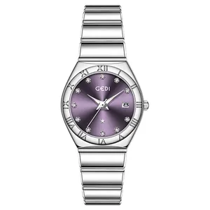 Elegante reloj de cuarzo GEDI para mujer con esfera púrpura y correa de acero inoxidable