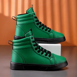 Detailed view of vibrant green high-top fashion boots with black laces and soles.