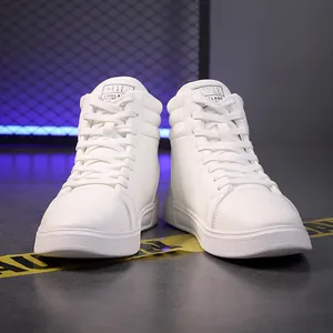 Front view of stylish white high-top leather fashion boots for men and women