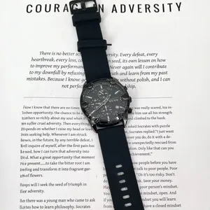 Modern black GUOU multi-function quartz chronograph watch with a durable silicone strap