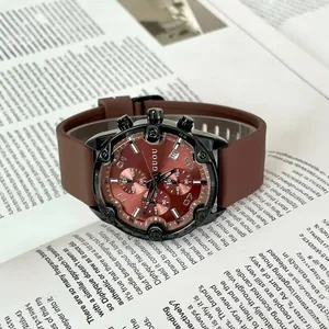 GUOU fashion unisex quartz chronograph watch with brown silicone strap and brown dial