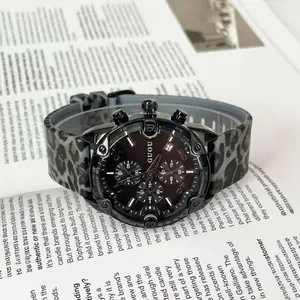 Fashionable GUOU unisex chronograph quartz watch with leopard print silicone strap and waterproof case