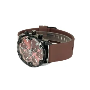 GUOU fashion unisex quartz watch with maroon dial and brown silicone strap, waterproof