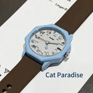 Schattig kattenhorloge voor dames met achthoekige blauwe kast en bruine leren band