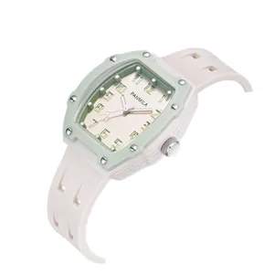Élégante montre à quartz tonneau PANMILA pour femme avec bracelet en silicone crème chic