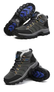 Detail of warm high-top hiking boots showing thick faux fur lining and anti-slip sole