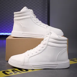 Side view of white high-top sneakers on a box with casual urban setting