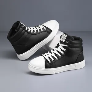Black and white high-top leather casual boots for men and women on a grey background