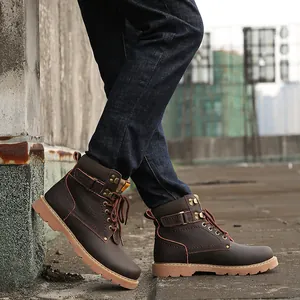 Close-up of retro brown leather boots on feet with thick rubber soles for winter style.
