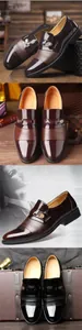 Detailed views of men's elegant brown and black business formal leather loafers.