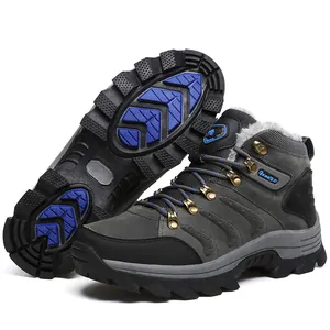 Durable grey and black high-top winter hiking boots with warm fur lining and thick anti-slip sole