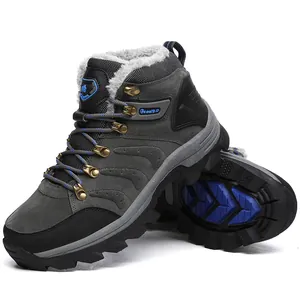 Side view of grey waterproof hiking boots with warm faux fur lining and thick sole