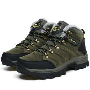 Detailed side view of green waterproof hiking boots with warm faux fur lining