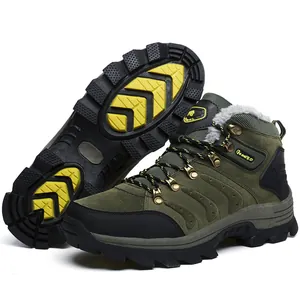 Detailed view of olive green waterproof hiking boots with warm fur lining and thick sole
