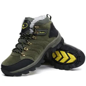 Detailed view of olive green high-top hiking boots with warm faux fur lining and thick sole