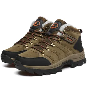 Professional close-up of warm high-top hiking boots with thick fleece lining for winter