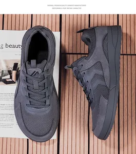 Boven- en zijaanzicht van barefoot wandelschoenen voor heren in donkergrijs mesh