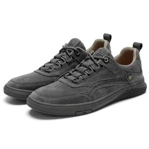 Baskets décontractées en cuir véritable gris pour hommes avec lacets et semelle texturée