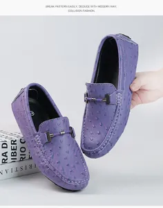 Men's purple ostrich texture loafers with metal bit buckle and breathable design
