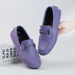 Premium purple ostrich pattern leather loafers for men featuring a stylish metal buckle detail