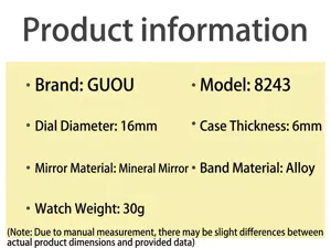 Technical specifications and parameters for the GUOU women's minimalist quartz watch.