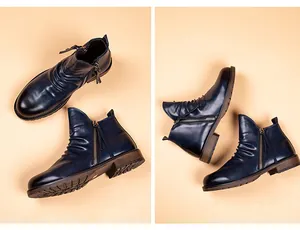 Vista multiángulo de botines retro azul marino con arrugas para hombre con cremallera