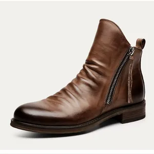 Botas de Cuero de PU Plegadas Vintage para Hombre Retro Caballero Cowboy Tubo Medio Cremallera Lateral Casual Estilo Occidental Botas Cortas