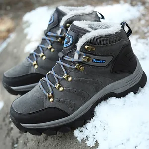 Durable high-top snow boots with warm faux fur lining on a snowy outdoor background